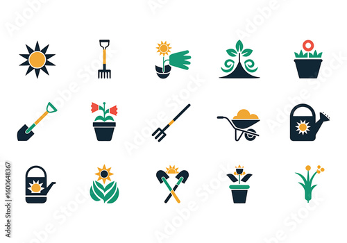Garden tools and gardening icons representing planting growing and cultivating a beautiful garden or vegetable patch with care