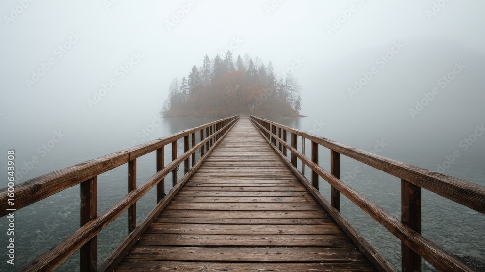 Fototapeta premium A wooden bridge leads to a foggy island blending nature and infrastructure