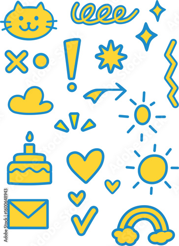 Cute cat face, exclamation mark, sun, heart, cake, rainbow, and playful doodle elements in yellow and blue outline