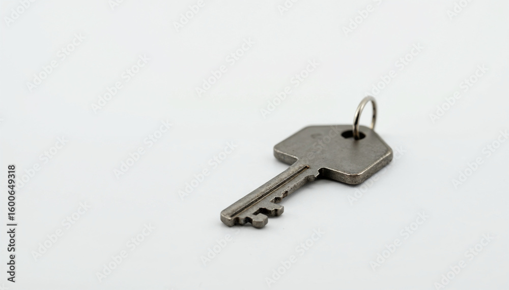 Close-up of a metal house shaped key lying on a white surface Close-up of a metal house shaped key lying on a white surface