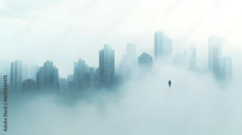 Fototapeta premium City skyline obscured by heavy fog or mist with a small figure.
