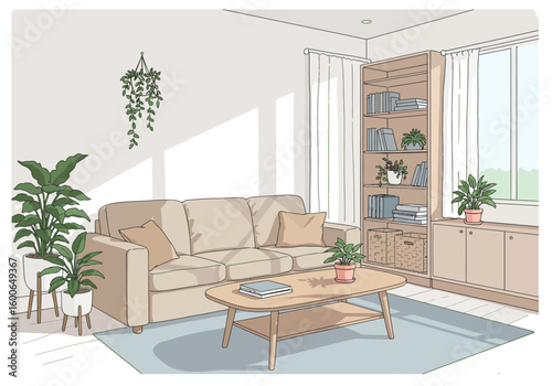 Beige Sofa in a Cozy Living Room, with Pillows and Armrests