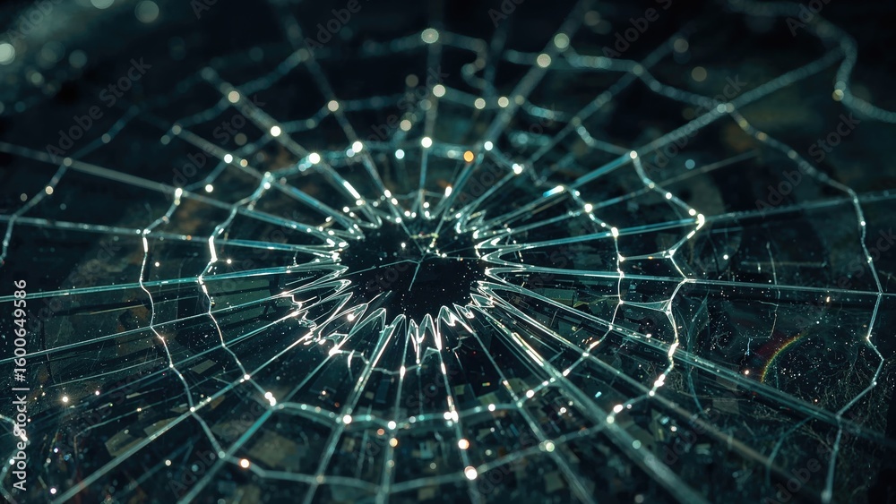 Fototapeta premium Detailed view of a shattered car window with colorful light dispersion.
