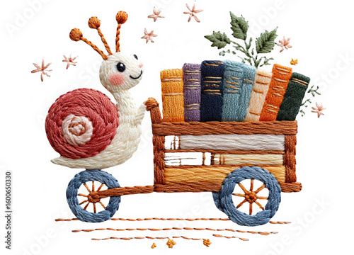 Snail carrying a cart with colorful books in cute embroidery style.. cute embroidery for dtf printing  