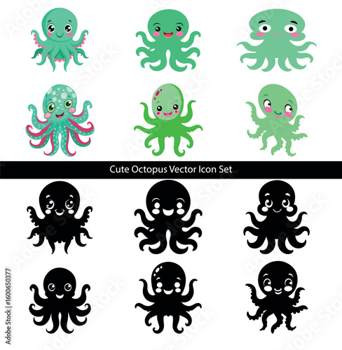 Collection displays several charming, colorful cartoon octopus characters above their corresponding black silhouettes on a white backdrop