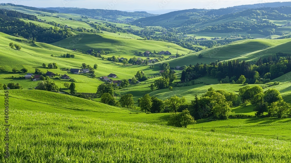 Fototapeta premium Rolling green hills with scattered houses and dense forests under a blue sky, showcasing serene rural countryside landscape.