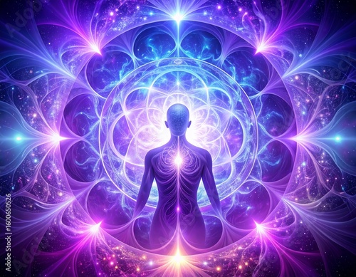 A glowing figure stands centered within a vibrant, intricate mandala of purple, blue, and white light, radiating energy and spirituality.