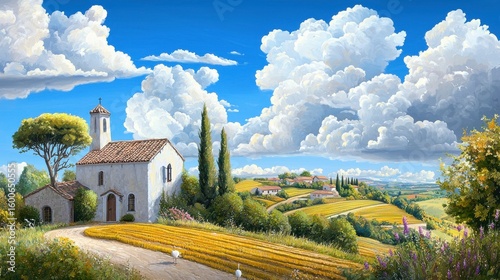 A charming countryside landscape with a white chapel, winding road, vibrant fields, tall cypress trees, and a sky filled with large, fluffy clouds.