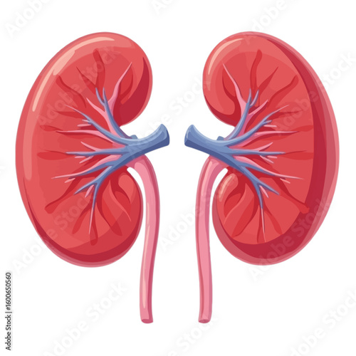 Anatomical vector illustration of the human kidney system. Detailed renal organ graphic for medical science and biology education.