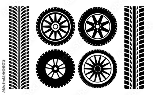 Collection of vehicle tires and tire tracks