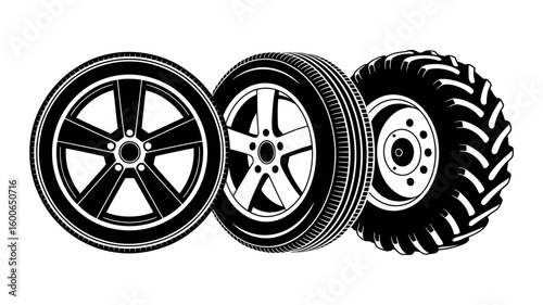 Three different types of vehicle tires and wheels