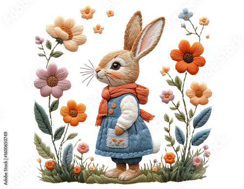 Rabbit wearing a blue dress and scarf among colorful flowers - Concept of cute embroidery for dtf printing 