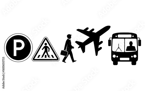 Transportation and travel icons parking pedestrian airplane and bus