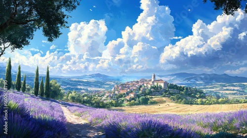 A scenic countryside landscape with vibrant lavender fields, tall cypress trees, and a distant village under a bright sky filled with fluffy clouds.
