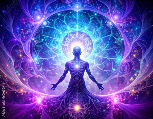 A human figure radiates energy within a vibrant, swirling cosmic mandala.