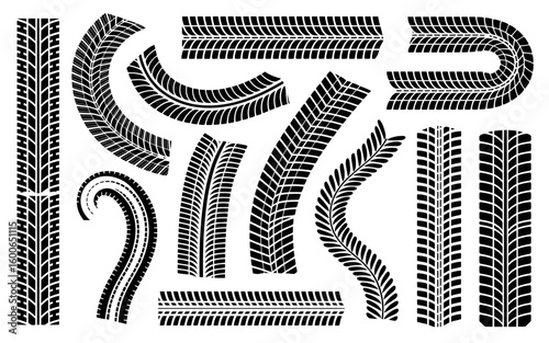 Collection of diverse tire tread patterns and tracks