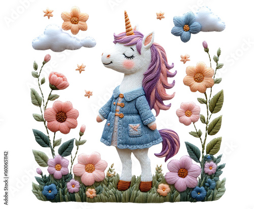 Unicorn wearing a denim jacket surrounded by flowers and clouds, concept of cute embroidery for dtf printing