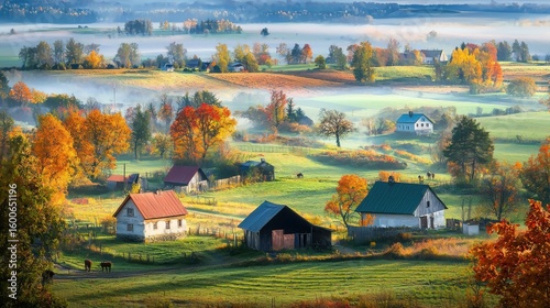 A peaceful rural landscape with colorful autumn trees, scattered farmhouses, and misty hills in the background under a clear sky.