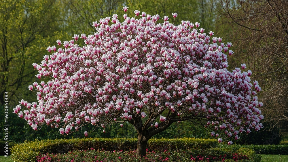 Obraz premium Magnolia blossoms in a bustling urban square