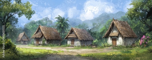 A serene rural village scene featuring traditional thatched huts surrounded by lush greenery and distant mountains under a partly cloudy sky.