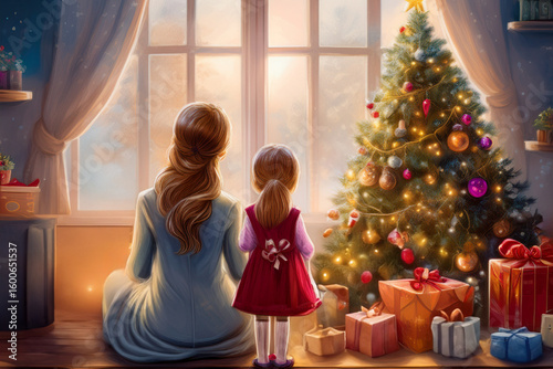 ママと女の子がクリスマスツリーを飾っている部屋から外を眺める