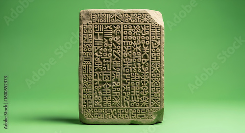 Ancient stone tablet with intricate cuneiform script, displayed against a green backdrop.