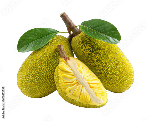 Fresh jackfruit composition with leaves and cut half displaying seeds on transparent background