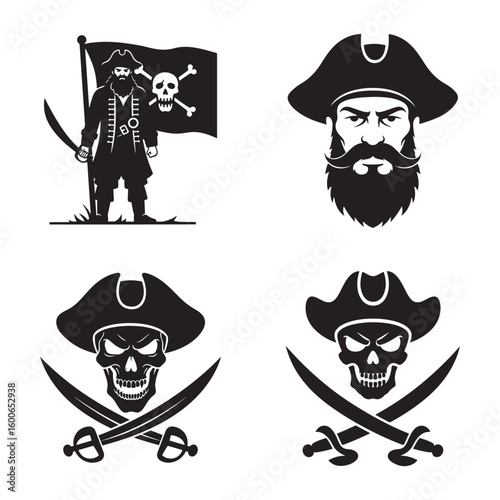 Collection of black pirate silhouettes featuring a bearded captain and the iconic jolly roger skull and crossbones flag