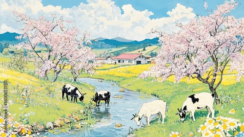 Springtime farm scene with goats by a stream