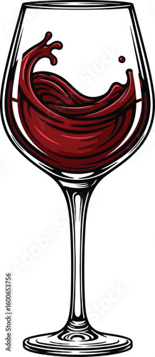 A vibrant illustration showcases a wine glass with a dynamic splash of red wine, perfect for conveying elegance and celebration in culinary or beverage-themed designs.