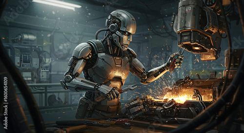 A humanoid robot, possibly an android, is working on a metal object at a workbench in a workshop, sparks flying.