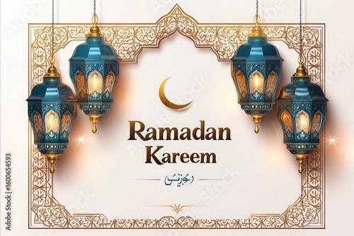 Traditional islamic ramadan kareem greeting with ornate lanterns and crescent moon