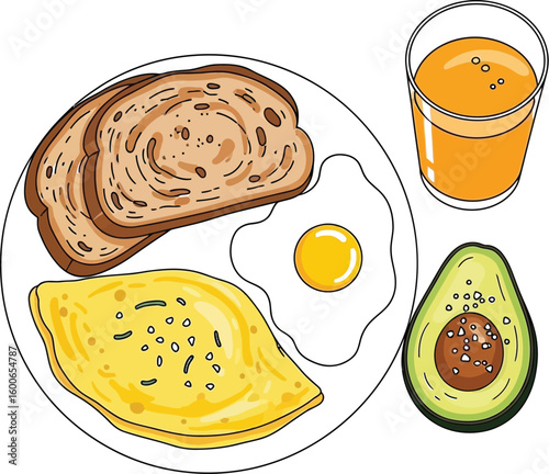 A delightful breakfast illustration presents toast, a sunny-side-up egg, a fluffy omelet, a refreshing glass of orange juice, and a ripe avocado, perfect for food blogs or healthy eating guides.