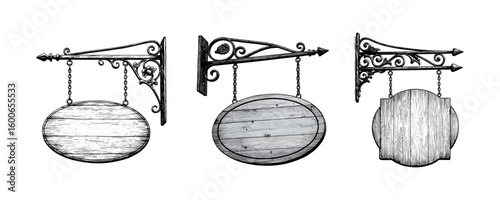 Vintage Hanging Wooden Sign - Wrought Iron Bracket Engraving Set