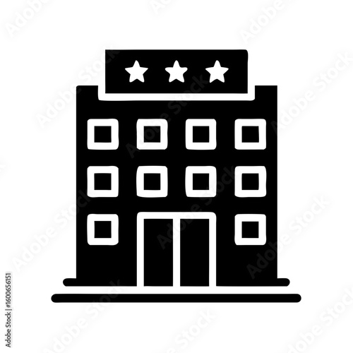 Vector art of a black and white silhouette icon of a multistory hotel building with three stars above the entrance