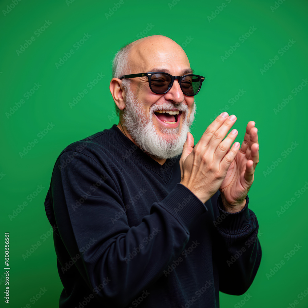 Obraz premium Joyful elderly man with glasses clapping hands, expressing happiness against green background