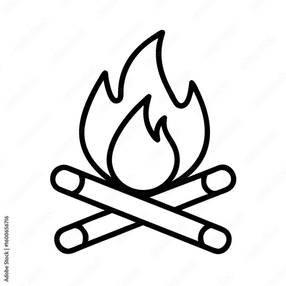 Vector art of a simple black and white outline illustration of a campfire with flames and logs crossed over each other on a white background Vector art of a simple black and white outline illustration of a campfire with flames and logs crossed over each other on a white background