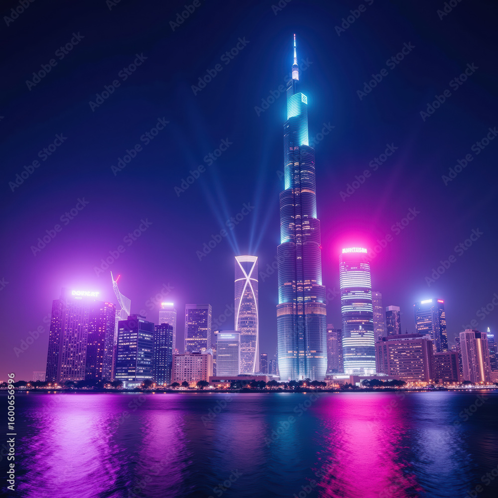 Obraz premium Vibrant city skyline night showcases modern architecture with illuminated skyscrapers reflecting water. scene is filled with colorful lights
