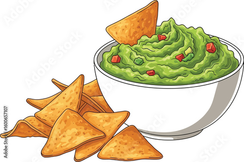 Delicious guacamole dip with tortilla chips, presented in a clean, crisp illustration style perfect for food blogs, recipe cards, and culinary-themed designs, showcasing fresh ingredients.