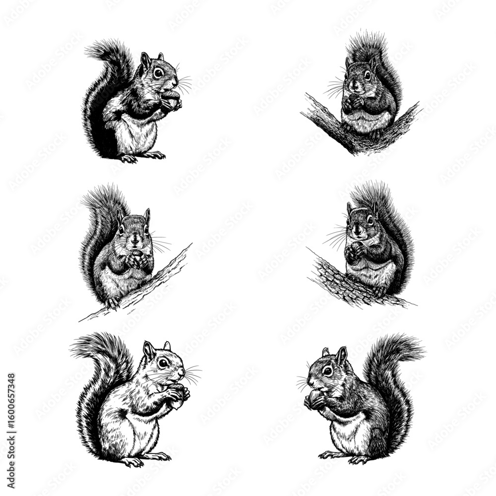 Fototapeta premium Squirrel with Nut - Vintage Woodland Animal Engraving Set