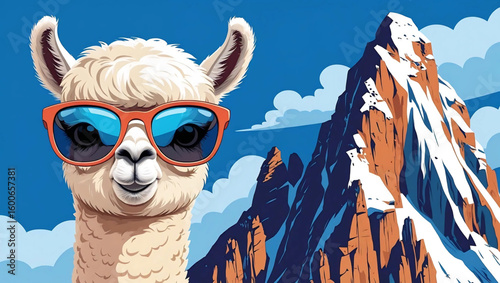 Cool Alpaca's Travel Adventure: A stylish alpaca sports cool sunglasses, posing against a backdrop of majestic snow-capped mountains under a clear blue sky, capturing the essence of fun and adventure.