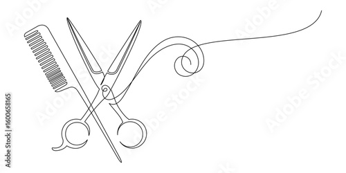 Continuous line drawing of scissors and comb for hair cutting 11