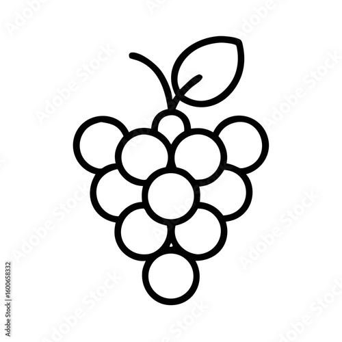 Vector art of a simple black and white line drawing icon of a bunch of grapes with a single leaf and stem