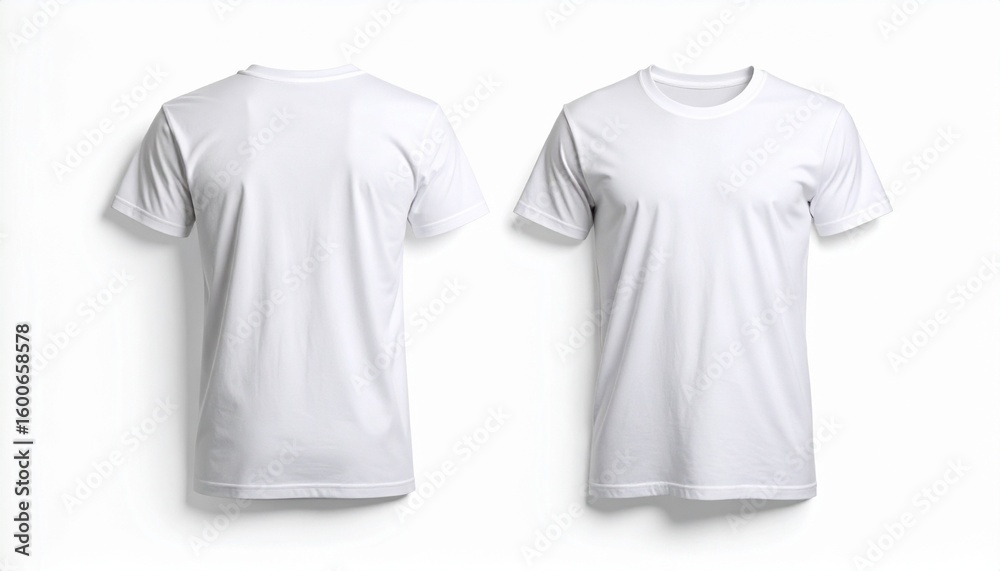 Naklejka premium Two plain white t-shirts—one front-facing, one from the back—rest quietly in parallel, like emotional canvases untold. Their minimalism offers not emptiness, but waiting: the pure surface before impri