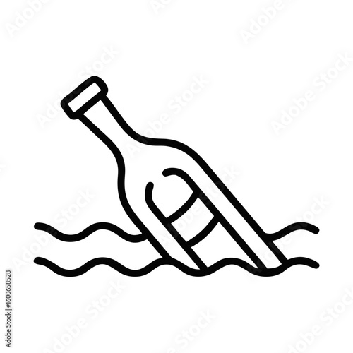 Vector art of a simple black and white line drawing depicts a glass bottle with a message inside floating in wavy water