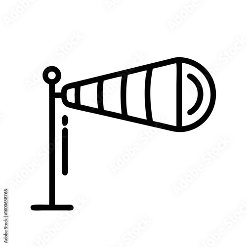 Vector art of a black and white outline illustration of a windsock mounted on a pole indicating wind direction and speed
