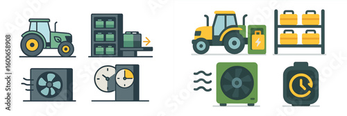 Farm equipment and energy storage systems depicted in a clean, minimalist style