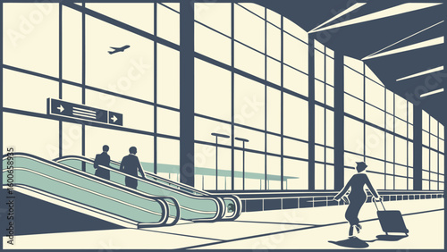 Illustration of people in an airport terminal with escalators and a plane visible through the windows