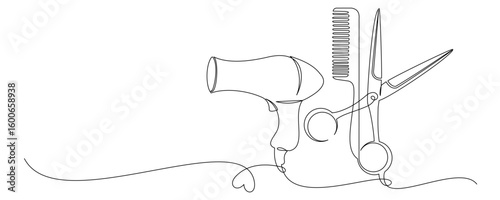 Continuous line drawing of scissors and comb for hair cutting 13