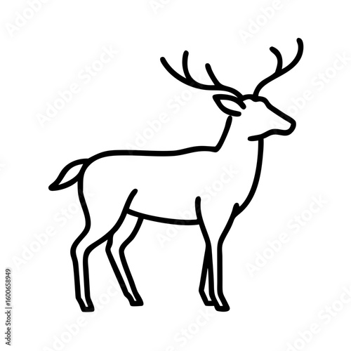 Vector art of a minimalist black outline illustration of a majestic stag with large antlers standing gracefully on a white background